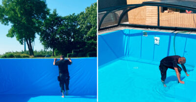 Montage af linerpose i udendørs swimmingpool. Montørerne træder luftbobler ud, mens poolen så småt fyldes med vand.|Linerpose pool. Montør træder luftbobler ud, mens poolen så småt fyldes.