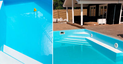 Badeand i pool. Swimmingpoolen er under opbygning og belagt med den fineste lys blå folie og skridsikre hvide trin.|Foliemontører arbejder på højtryk i sommervarmen for at fædiggøre den blå folie og et fuldt udstyret teknikrum i en udendørs swimmingpool|Flot, lys blå væg- og gulvfolie og teknik er i gang med at blive en realitet ved pool projekt i Blåvand.|Liner i udebassin er ved at være på plads. Der er garanteret badeglæde i en opdateret og smuk udendørs swimmingpool med svømmetræner og fuldtudstyret teknikrum.|Teknikrum til pool med flot ny blå folie og indbygget svømmetræner.|Pooltrapper med folie. Montørerne er i gang med at lægge skridsikker folie i bassinet.