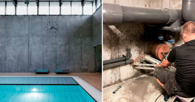 Boring ved dyseledning under Kildeskovhallens 50 meter bassin skal sikre vandkvaliteten og et potentielt skred i mur|Pool teknik Kildeskovhallen - Aquatronic og Aqua drive overvågning og sikring af vandkvaliteten i de store bassiner|Tekniker borer stort hul i forbindelse med skade i væggen, der holder dyseledning under 50 m bassin hos Kildeskovhallen. Sikring af vandkvalitet.|Desinfektion ved UV-lys sikrer vandkvaliteten hos Kildeskovhallen