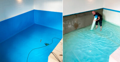 Folie montage i svømmingpool, hvor den gamle folie er slidt. Montøren er i gang med at tage den gamle folie af.|Flot folie i swimmingpool. Der er sket noget af en forskel siden denne swimmingpool fik sat folie på. Meget indbydende.|Azur blå folie og stige. Swimmingpool undergår renovering og montering af ny folie. Der kan være forhindringer som denne stige.