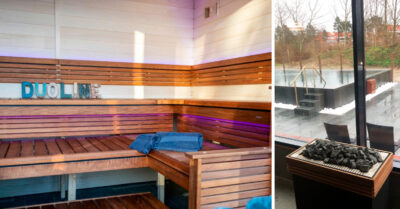 DuoLine skilt i sauna, der er bygget med flot glasfacade hos Varde svømmehal og wellness afdeling.|Paneler med infrarødt lys giver den mest rolige atmosfære foruden at være utrolig effektivt for heling af kroppen - Varde svømmehal|Harvia logo i sauna hos Varde svømmehal. Kvalitetsstempel.|Varde svømmehal har sat stemning i sauna, og det ser virkelig hyggeligt ud. Varmt orange LED hygger op langs panelerne.|Flot vandspejl i udendørsbassinet hos Varde svømmehal. Bassinet ligger med direkte adgang til indendørs wellness og udesauna.|Bassin med højt vandspejl i wellness gården hos Varde svømmehal.|Infrarød sauna wellness i Vejen svømmehal. Saunaen bliver en del af en større wellness afdeling. Smukke mørke bænke.|Sauna med udsigt til den tempererede udendørs swimmingpool. Saunaen indgår som del af det udendørs wellness område Varde svømmehal.