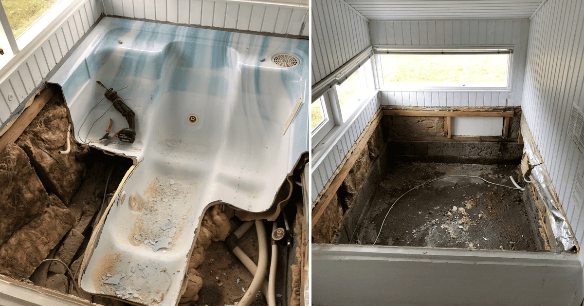 Gammel spa tages ned i sommerhus på Fanø. Der skal være plads til en ny og mere moderne én af slagsen. Hullet fyldes med beton. Ophugning.