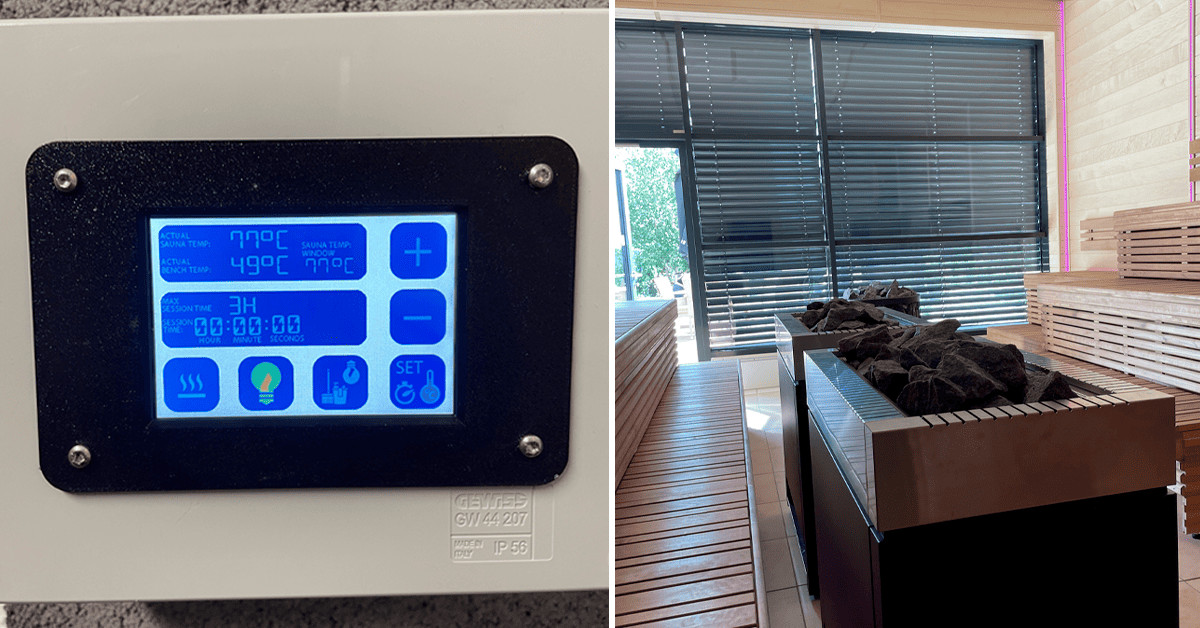Saunastyring og ovne til gus hos Water og Wellness i Randers. Den store sauna har plads til mange besøgende og styres fra væghængt display.
