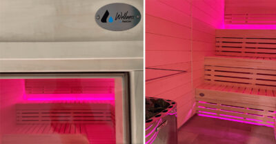 Wellness med LED lys. Lyset giver stemningsfuld og behagelig atmosfære i saunaen hos det ny Maritime Center i Esbjerg.|Teknikskab til LED og sauna - sauna teknik i finsk sauna maritimt center i Esbjerg|Grøn LED i sauna. Lyset giver et stemningsfyldt rum og virker afslappende. LED skinnerne er monteret i sauna hos ny Maritimt Center i Esbjerg|Saunastyring vægpanel - styrer lys og varme hos det ny Maritime Center i Esbjerg. Panelet er enkelt at navigere,|LED lys i sauna. Nybygget finsk sauna ved maritimt center i Esbjerg har indbyggede LED skinner beregnet til varme og fugtige miljøer.|Lilla LED i sauna ved det ny Maritimt Center i Esbjerg. Lyset kan tilpasses stemning og medgiver en atmosfære af ro og velvære