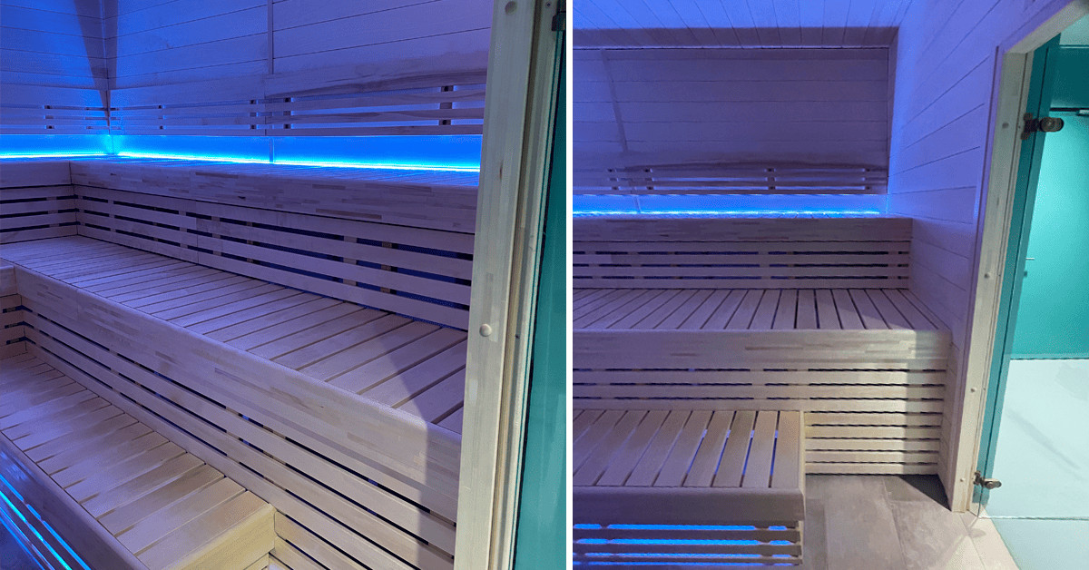 LED lys i sauna. Nybygget finsk sauna ved maritimt center i Esbjerg har indbyggede LED skinner beregnet til varme og fugtige miljøer.