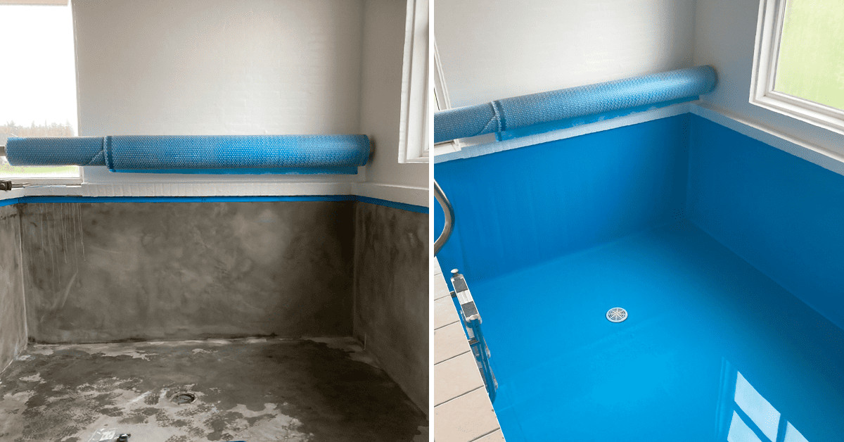 Uden liner og med liner. Se før og efter billedet, hvor bassinfolie er skiftet til blåt og nyt i indendørs swimmingpool