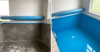 Uden liner og med liner. Se før og efter billedet, hvor bassinfolie er skiftet til blåt og nyt i indendørs swimmingpool|Opsætning af bassinfolie i indendørs swimmingpool, hvor den tidligere folie trængte alvorligt til udskiftning. Den gamle folie er strippet af og montør er i gang med at sætte kantbånd på.|Foliesvejsning i swimmingpool. Sådan her ser det ud før, efter og ved påfyldning af vand i bassin.