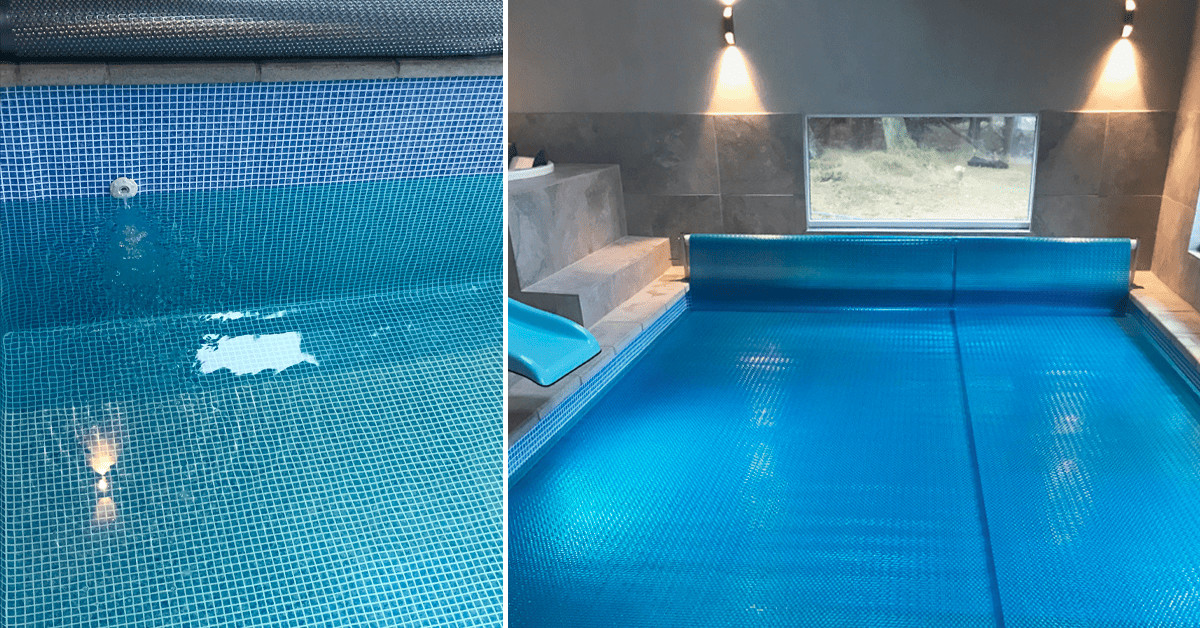 Lækkert pool område efter folieskift. Der er opsat ny og flot blå mosaikfolie i indendørs swimmingpool. Flot opgradering.