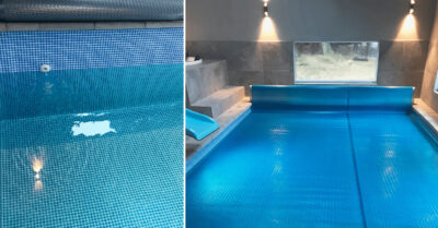 Lækkert pool område efter folieskift. Der er opsat ny og flot blå mosaikfolie i indendørs swimmingpool. Flot opgradering.|Folieskift indendørs bassin før. Det kan ses, at folien har set bedre dage. Glansen og farven er gået af, og der er revner og buler i bunden.|Slidt swimmingpool. Folien er revnet og bulet. Glansen og farve forsvundet. Folien trænger til udskiftning.|Mosaikfolie i indendørs bassin - Folien giver et præg af ægte mosaik og står flot til rummet omkring. Rummet har også indbygget spa.|Montage af pool liner. Inden der kan monteres, skal den gamle og slidte folie tages ned og underlaget samt indstøbningsdele repareres|Nybygget bassin med termotæppe står klar efter mosaik folie er monteret. Termotæppet er af Geobubble kvalitet og holder på varmen længere.|Atenea mosaikfolie i swimmingpool. Se hvordan Alkorplan Ceramics Atenea mosaikfolie gør sig i virkeligheden.|Bassin væg med mosaik folie. Indendørs swimmingpool har fået beklædning med blå mosaik folie. Her står poolen helt færdig.
