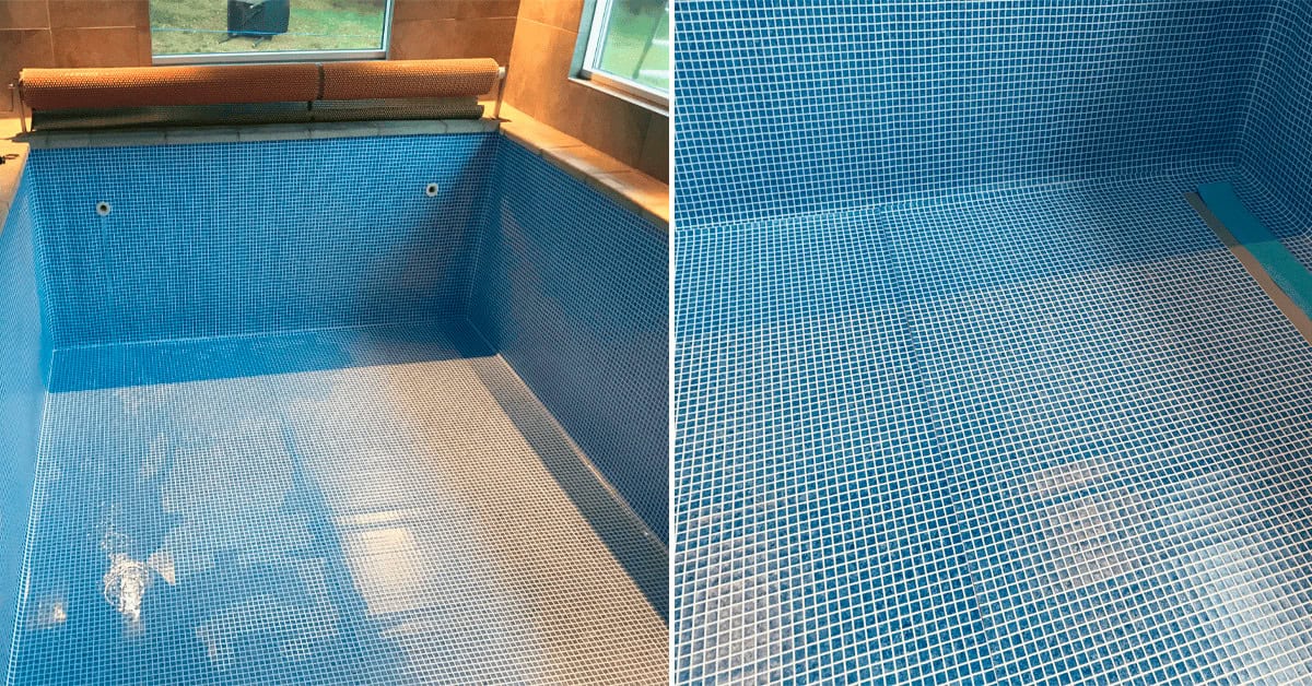 Atenea mosaikfolie i swimmingpool. Se hvordan Alkorplan Ceramics Atenea mosaikfolie gør sig i virkeligheden.