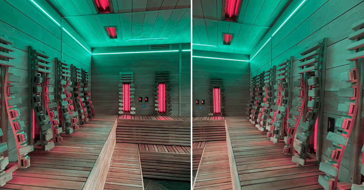 Infrarød sauna i grønt skær hos Lalandia i Billund. Den nye sauna har overtaget fra en tidligere biosauna og kan rumme mange glade badegæster