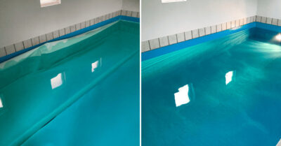 Slidt og løs folie i bassin. Sådan her så indlægningen i swimmingpoolen ud, før og efter folieskiftet.|Pool folie har sluppet grebet på underlag og det buler nu op over alt i bassinet. vand risikerer at løbe under, og det er tid til udskiftning.|Montage og vandpåfyld i pool. En DuoLine montør lægger sidste hånd på svejsning inden swimmingpool fyldes op med vand.|Slidt folie skiftet til ny folie i sommerhus, hvilket har givet et flot opdateret udtryk i swimmingpoolen.