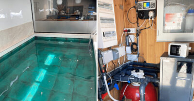 Aseko kemidoseringsanlæg er sat op for at styre kemikaliedoseringen i denne ny opmurede swimmingpool med turkise fliser|Affugter til swimmingpool. Placeret neutralt i pool afdelingen og arbejder effektivt med at holde fugten fra rummet.|Teknik for dampbad. Opsat i bagvedliggende teknikrum og forsyner dampkabinen med varme, damp og helende dufte.|Dampkabine i sommerhus. Nybygget med mosaikbelagte siddemoduler og stenskjul til steamoutlet.|Pool og doseringsanlæg. Smuk opmuret pool med flotte fliser og stort vindue til dagligstuen. I teknikrum er der opsat automatisk doseringsanlæg.|Udespa med trappe og udebruser er leveret med direkte forbindelse til indendørs dampkabine og wellness.|Affugter inverter plus til swimmingpool sat op på væg ved pool rum. Affugteren er neutral og afhjælper fugtskader.|Teknik til dampkabine i sommerhus. En dampkabine er flot bygget op med sorte mosaik moduler og flotte grålige fliser.|Dampkabine inde med behageligt lilla belysning. Damp udslusning er skjult i hvide sten. Mosaik bænke og brus.