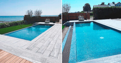 Skinnende mosaikpool ved kysten. Poolen er sølvfarvet, og når himlen spejler sig, får den et blåt skær. Infinity kant mod kysten.|Terrasse før pool. Kommende projekt infinity pool med skinnende mosaik. Her ses terrassen før projektet står færdigt.|Cover under vandoverflade. I luksuriøs infinity pool overdækningen skjult under vandet. Så intet ødelægger udsigten.|Mosaik med sølvskær. Opbygning af Infinity pool ved Rungsted kyst. Poolen er beklædt med flotte skinnende mosaiksten, der genspejler himlen.|Indstøbningsdele i mosaikpool. Alt er udført i samme stil og skinnede udtryk, så himlen kan spejle sig og give vandet et skær efter sæsonen|Indstøbning i sølv ved mosaikpool. Alt er udført i samme stil og skinnede udtryk, så himlen kan spejle sig og give vandet et skær efter sæsonen|Overløbsrende i sølv mosaik. Overløbsrenden er en del af poolens infinity virke. Mosaikken passer til indstøbningsdele i rustfri stål.|Skinnende mosaik i swimmingpool. Infinity pool i Nordsjælland med flisemosaikker i shiny silver og matchende indstøbningsdele.|Opbygning svømmebassin. En luksuriøs infinity pool med skinnende mosaik sten og indstøbningsdele er under opførelse.|Terrasseombygning i forbindelse med et luksuriøst swimmingpoolprojekt. Her der den gamle terrasse frisket op med træelementer.