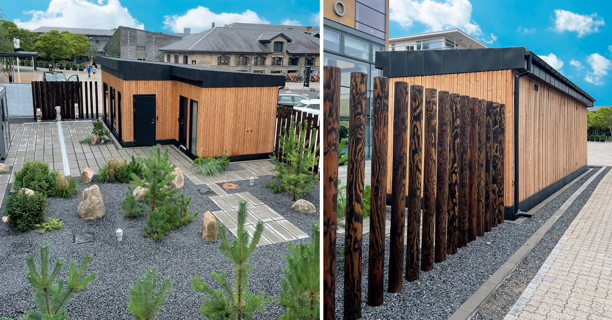 Udendørs sauna område hos DGI byen i København. Placeret på byens tidligere parkeringsplads og med adgang til svømmeanlæg.