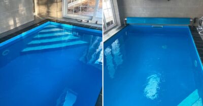 Levering af foliebassin. Teknikere og montører har afleveret denne indendørs swimmingpool beklædt med blå folie liner.|Folie på trappe i swimmingpool - tilskæring og skarpe linjer ved trappe, hvor der skal skridsikker folie på trin|Skridsikker folie på trappe. Sat i forbindelse med nybyggeri fra Planethuse. Indendørs swimmingpool beklædes med blå folie.|Folie i bassin bygget i forbindelse med projekt hos Planethuse. Automatik til kemidosering og affugter.