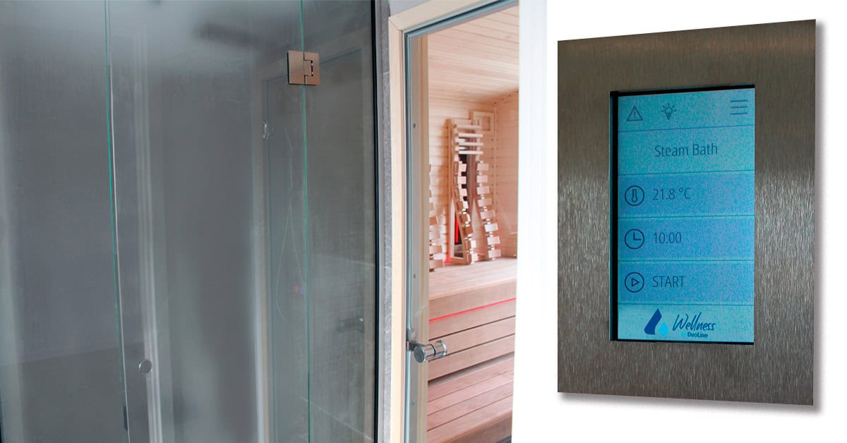 Mini-wellness i anneks - damp, regnvandsbrus og sauna med infrarød og ergonomiske rygstøtter - væghængt touch display